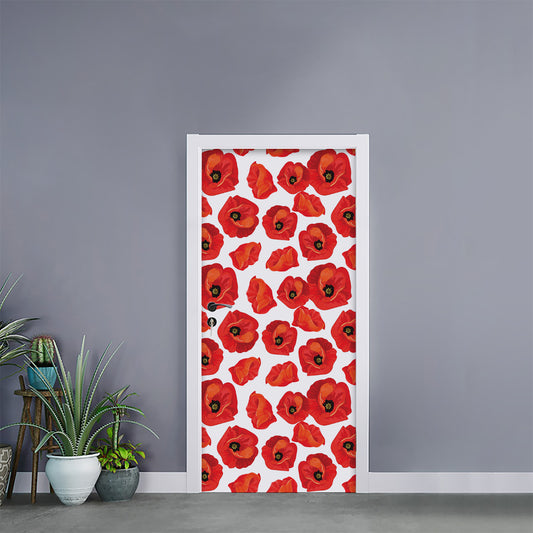 Red Poppy Pattern Print Door Sticker