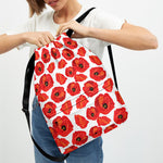 Red Poppy Pattern Print Drawstring Backpack