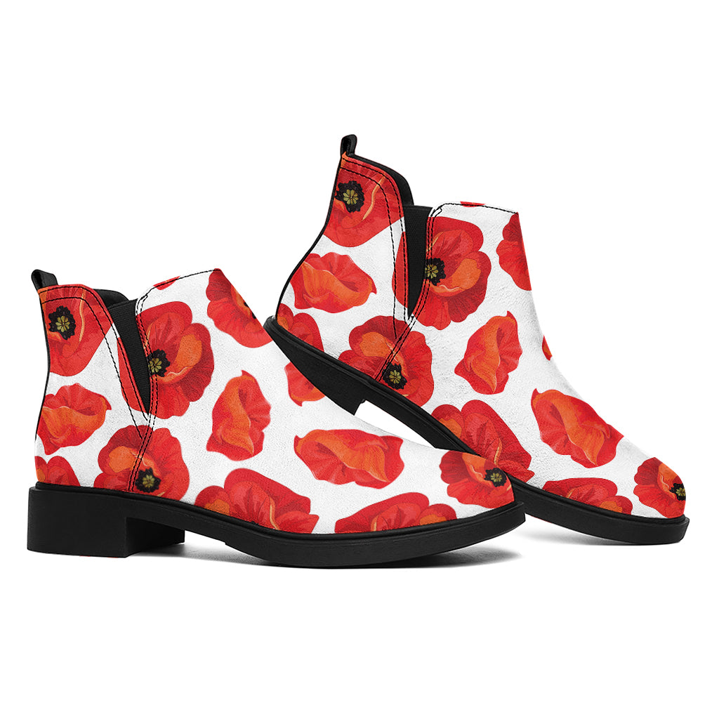 Red Poppy Pattern Print Flat Ankle Boots