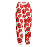 Red Poppy Pattern Print Fleece Lined Knit Pants
