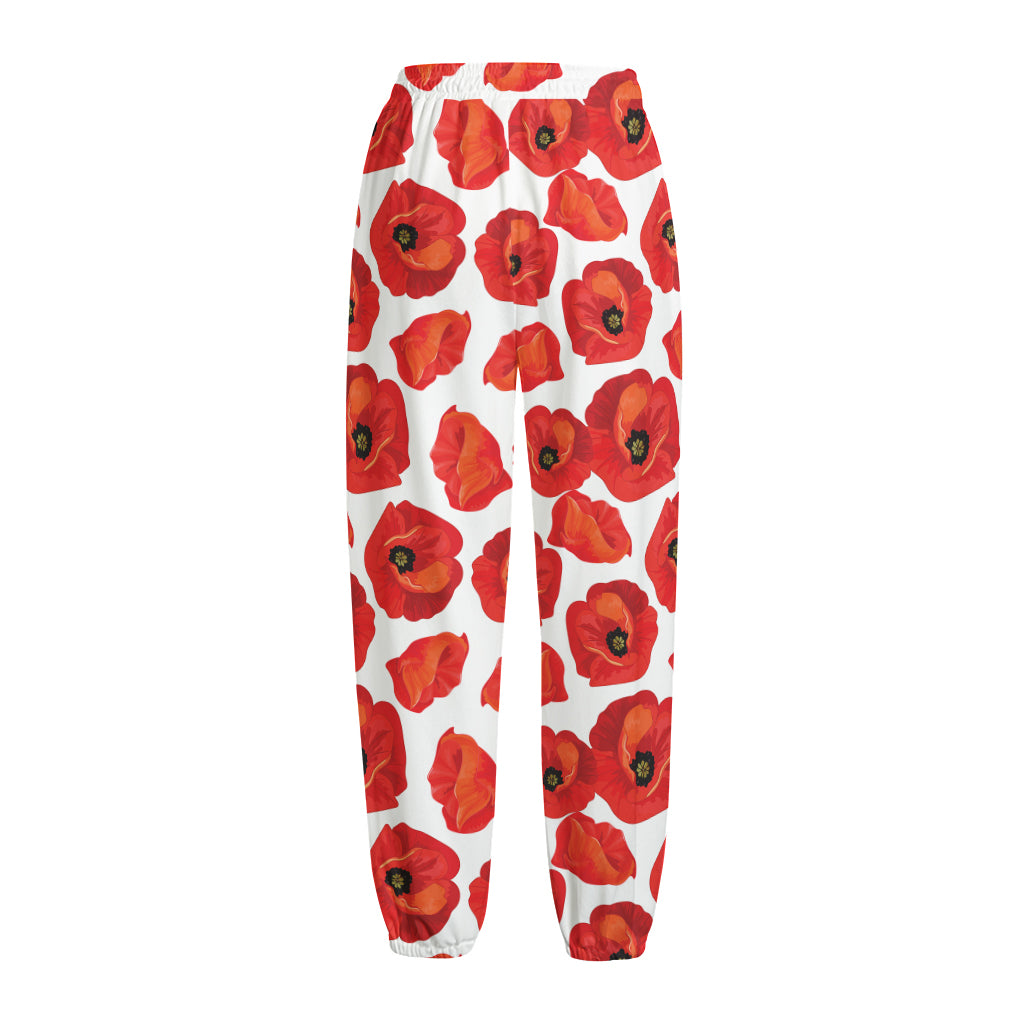 Red Poppy Pattern Print Fleece Lined Knit Pants