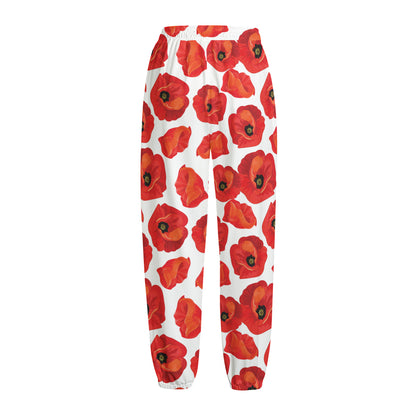 Red Poppy Pattern Print Fleece Lined Knit Pants