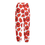 Red Poppy Pattern Print Fleece Lined Knit Pants