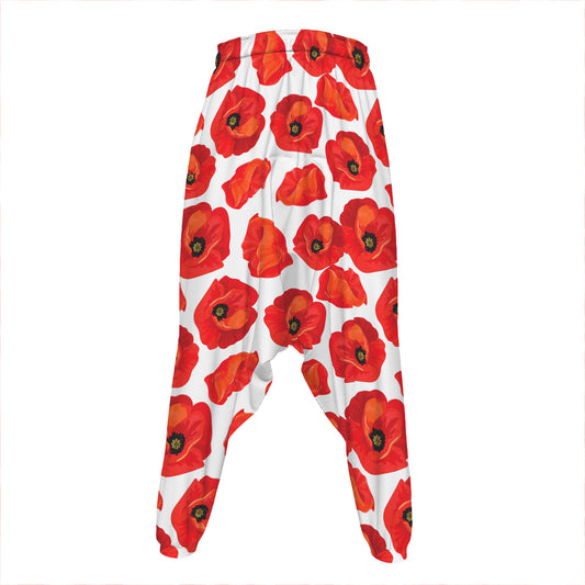 Red Poppy Pattern Print Hammer Pants