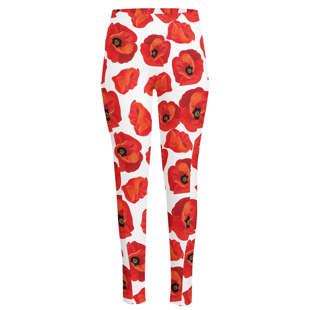 Red Poppy Pattern Print High-Waisted Pocket Leggings