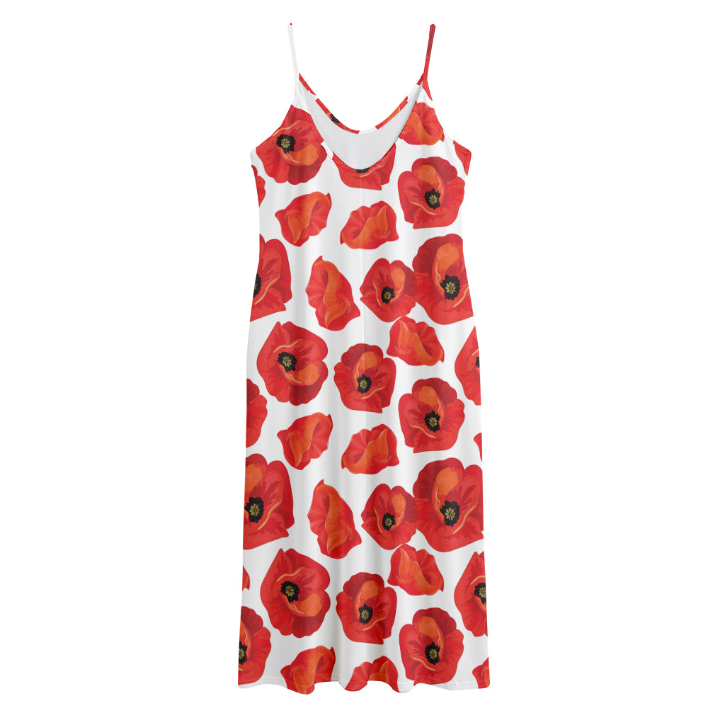Red Poppy Pattern Print Jersey Midi Cami Dress