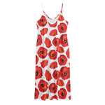 Red Poppy Pattern Print Jersey Midi Cami Dress