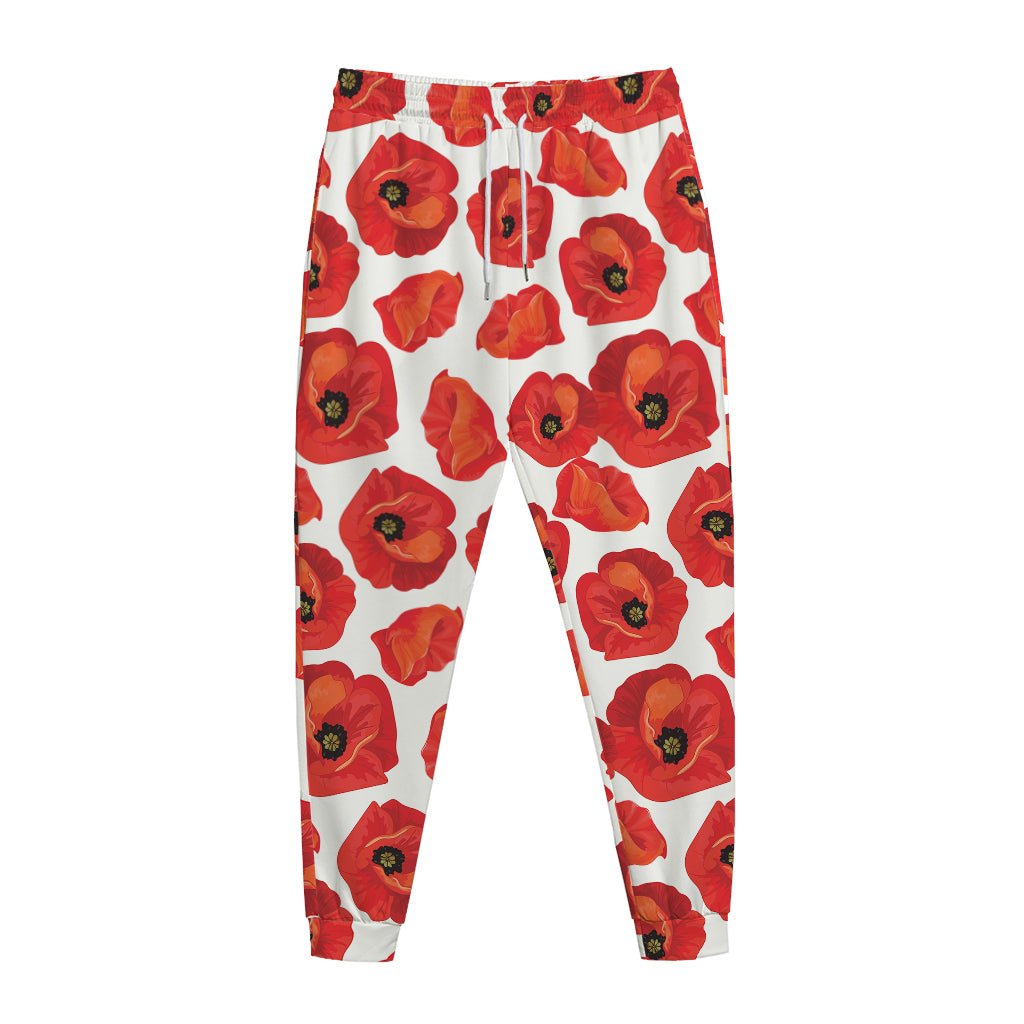 Red Poppy Pattern Print Jogger Pants