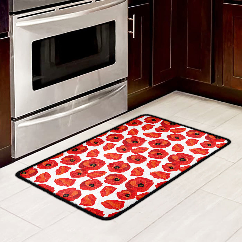 Red Poppy Pattern Print Kitchen Mat