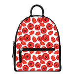 Red Poppy Pattern Print Leather Backpack