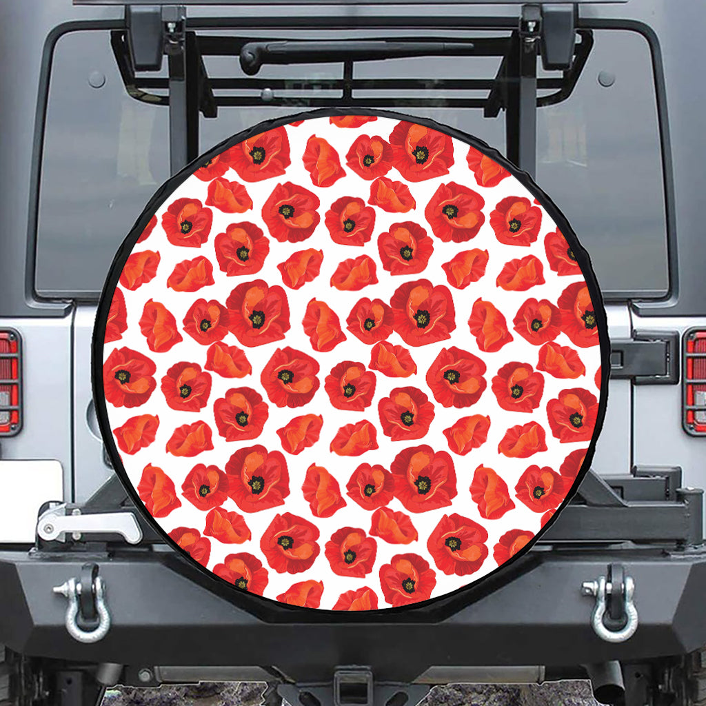 Red Poppy Pattern Print Leather Spare Tire Cover