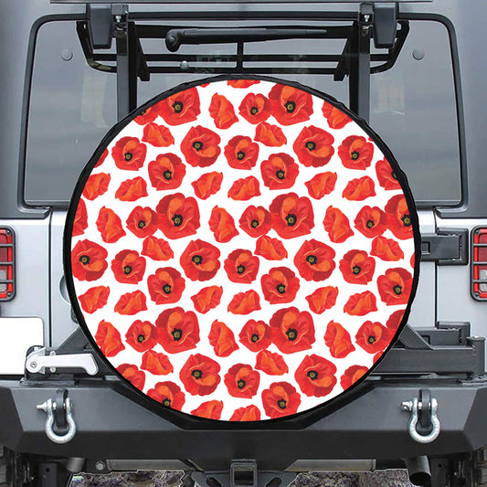 Red Poppy Pattern Print Leather Spare Tire Cover