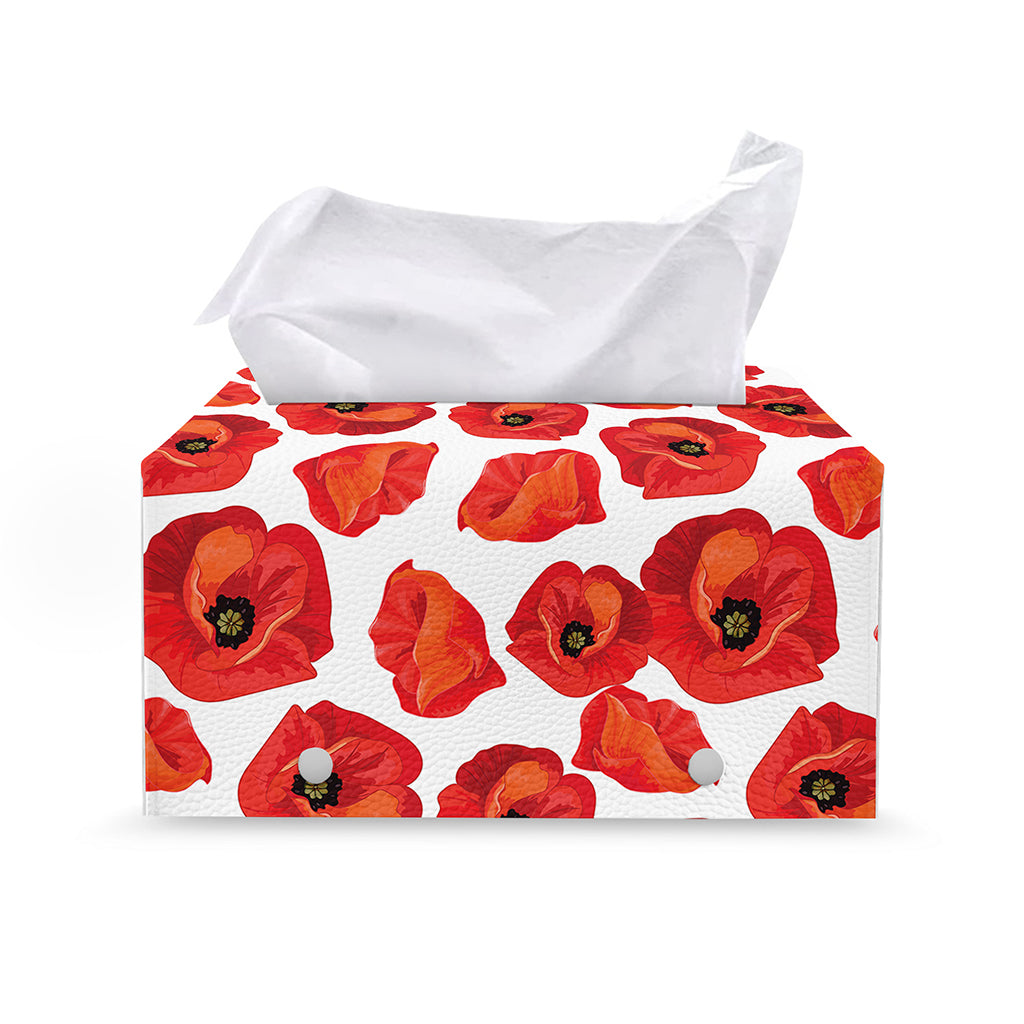 Red Poppy Pattern Print Leather Tissue Box Cover