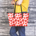 Red Poppy Pattern Print Leather Tote Bag