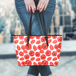 Red Poppy Pattern Print Leather Tote Bag