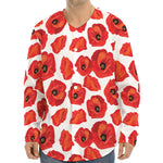 Red Poppy Pattern Print Long Sleeve Baseball Jersey