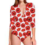 Red Poppy Pattern Print Long Sleeve Swimsuit