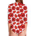 Red Poppy Pattern Print Long Sleeve Swimsuit