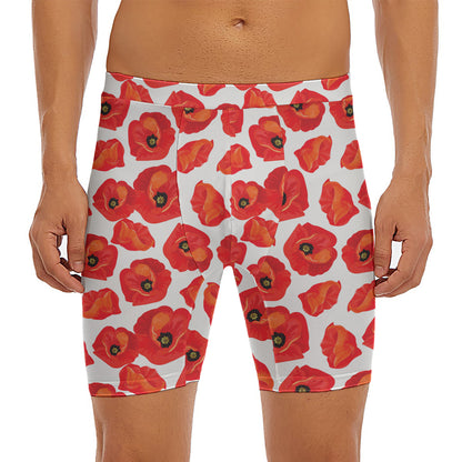 Red Poppy Pattern Print Men's Long Boxer Briefs