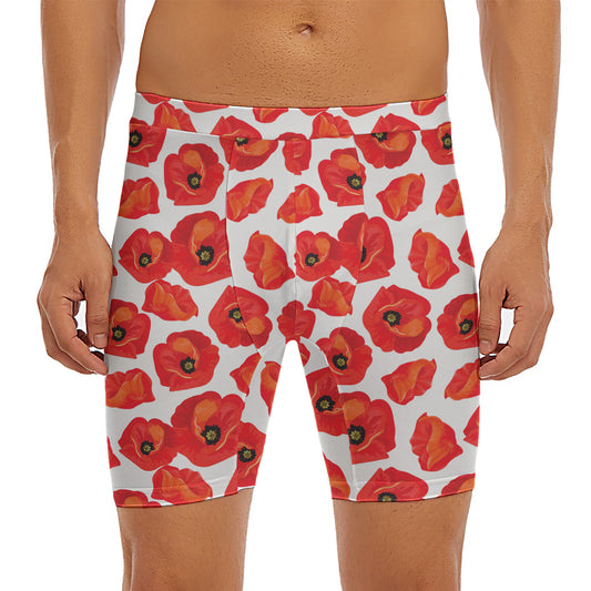 Red Poppy Pattern Print Men's Long Boxer Briefs