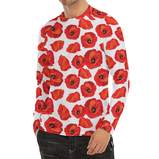 Red Poppy Pattern Print Men's Long Sleeve Rash Guard