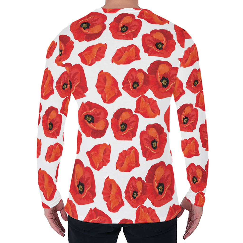 Red Poppy Pattern Print Men's Long Sleeve T-Shirt