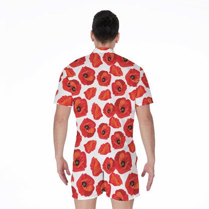 Red Poppy Pattern Print Men's Rompers