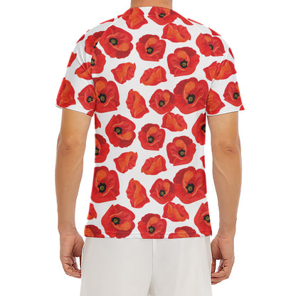 Red Poppy Pattern Print Men's Short Sleeve Rash Guard