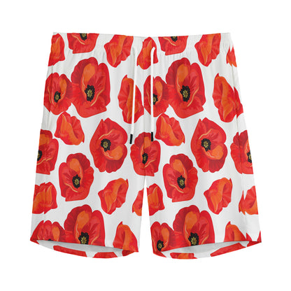 Red Poppy Pattern Print Men's Sports Shorts