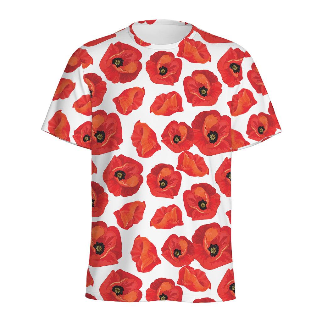 Red Poppy Pattern Print Men's Sports T-Shirt