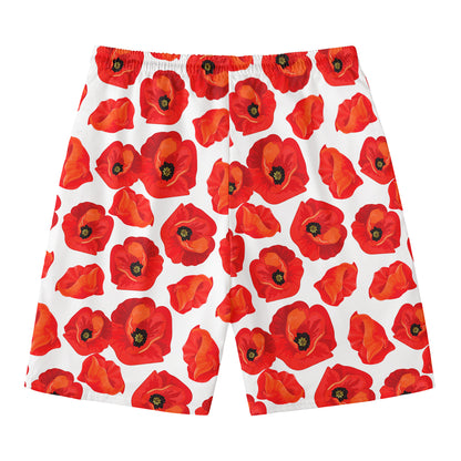 Red Poppy Pattern Print Men's Swim Trunks