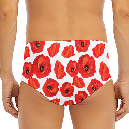 Red Poppy Pattern Print Men's Triangle Swim Briefs