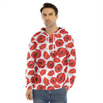 Red Poppy Pattern Print Men's Velvet Pullover Hoodie