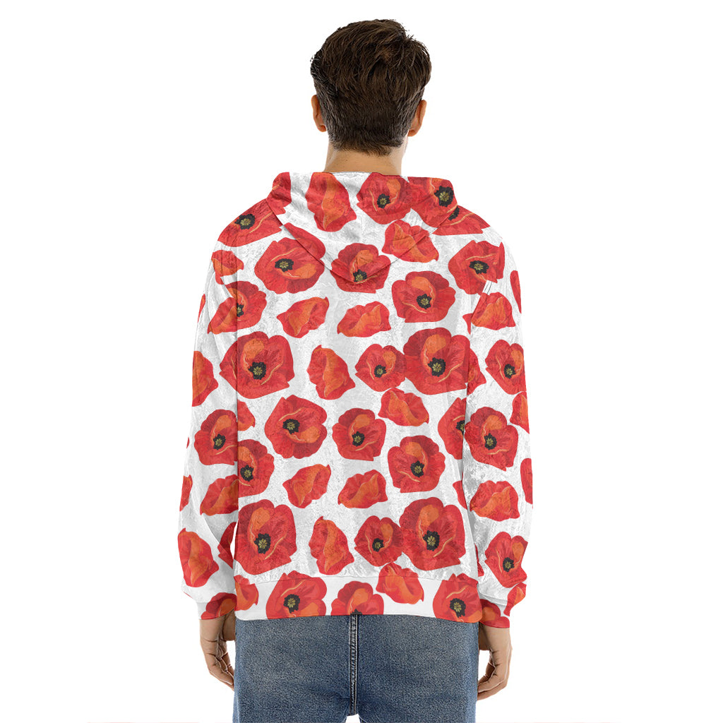 Red Poppy Pattern Print Men's Velvet Pullover Hoodie