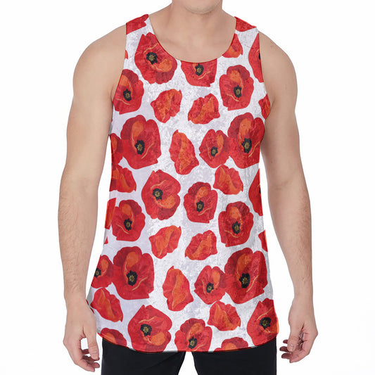 Red Poppy Pattern Print Men's Velvet Tank Top