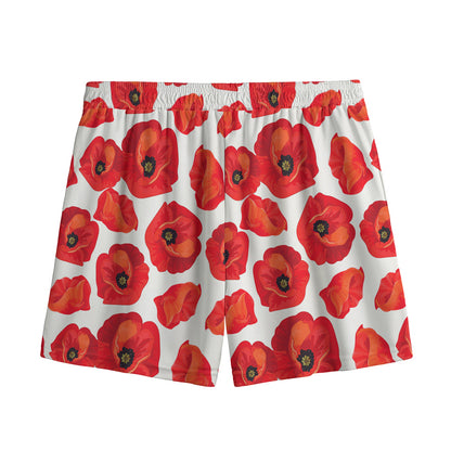 Red Poppy Pattern Print Mesh Shorts