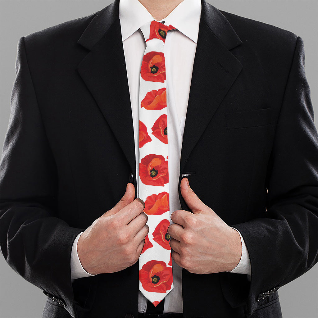 Red Poppy Pattern Print Necktie