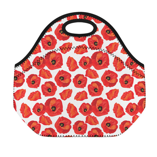 Red Poppy Pattern Print Neoprene Lunch Bag