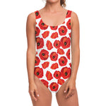 Red Poppy Pattern Print One Piece Swimsuit