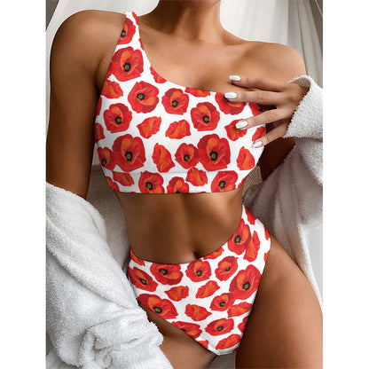 Red Poppy Pattern Print One Shoulder Bikini Top