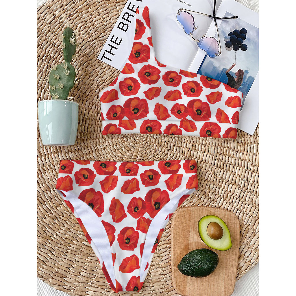 Red Poppy Pattern Print One Shoulder Bikini Top