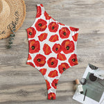 Red Poppy Pattern Print One Shoulder Bodysuit