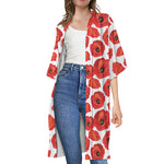 Red Poppy Pattern Print Open Front Beach Cover Up