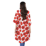 Red Poppy Pattern Print Open Front Beach Cover Up