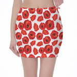Red Poppy Pattern Print Pencil Mini Skirt