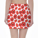 Red Poppy Pattern Print Pencil Mini Skirt