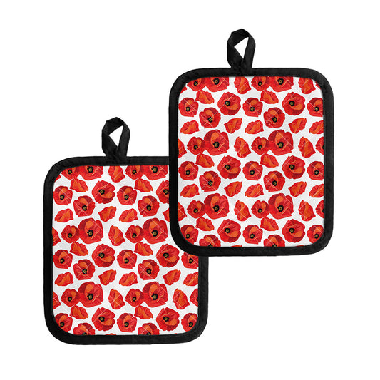 Red Poppy Pattern Print Pot Holders