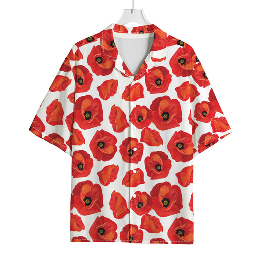Red Poppy Pattern Print Rayon Hawaiian Shirt