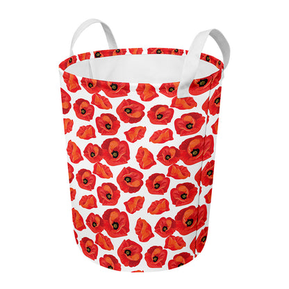 Red Poppy Pattern Print Round Laundry Basket