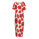 Red Poppy Pattern Print Short Sleeve Long Nightdress